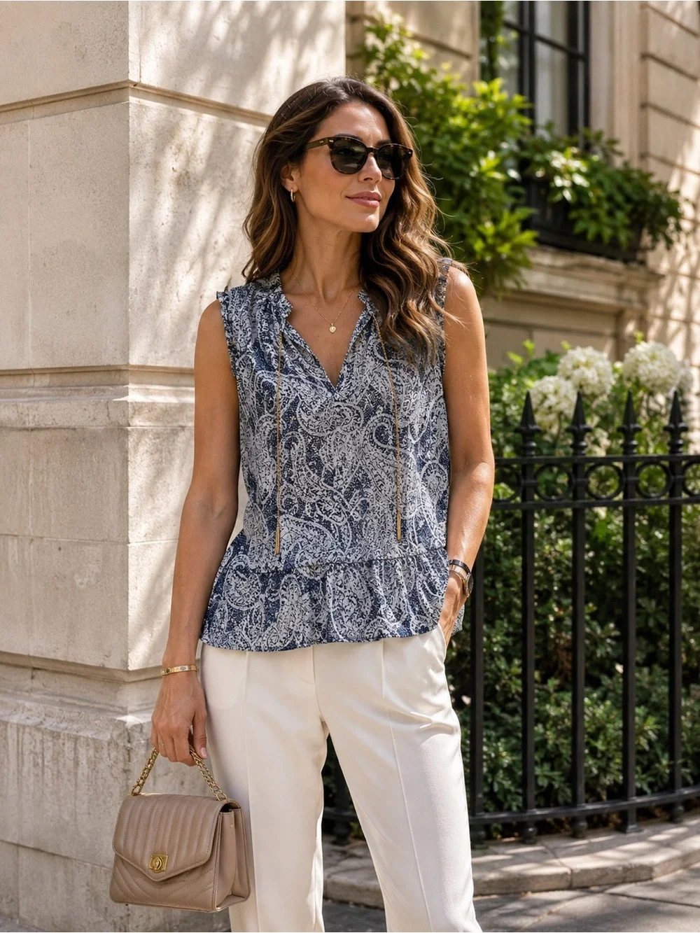 Michael Kors Navy & White Paisley Sleeveless V-Neck Tank